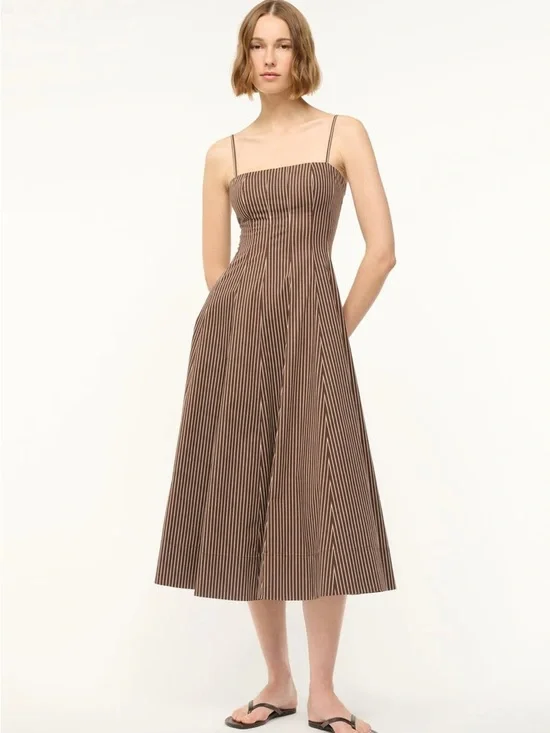 STAUD WYLIE DRESS DARK OAK MICRO STRIPE - Picture 2 of 3